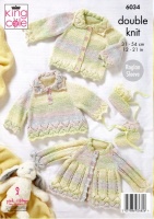 Knitting Pattern - King Cole 6034 - Cutie Pie DK - Overtop, Cardigan, Matinee Jacket and Bootees